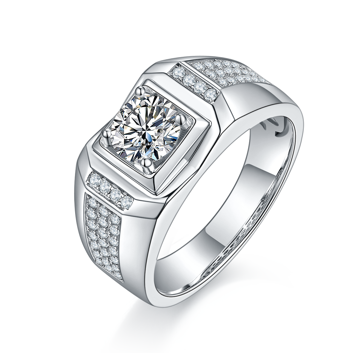 Wenze S925 Silver Plated Platinum Moissanite Diamond Men's Ring 1 Carat D-Class
